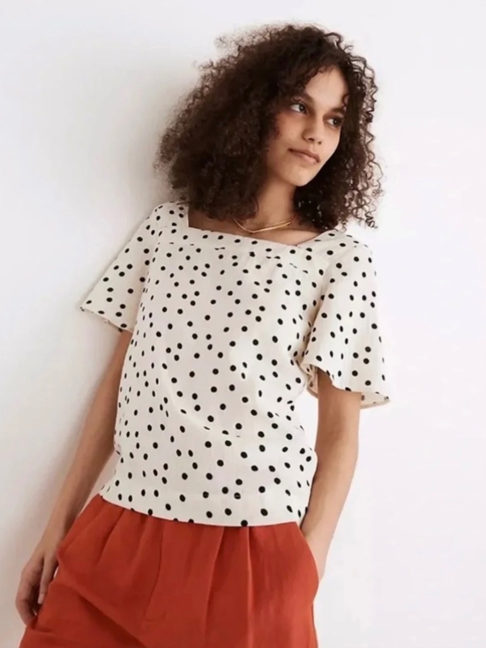 NWT Madewell size Large lightspun cotton square neck polka dot blouse shirt top